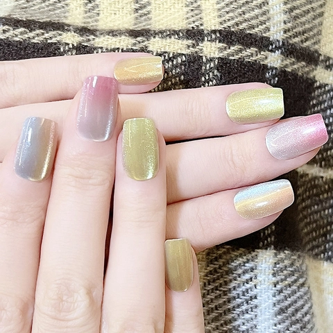 Rainbow Cat Eye Press On Nails Gradient Glitter Shimmering Artificial Nails For Women Sweet Manicure Daily Wear
