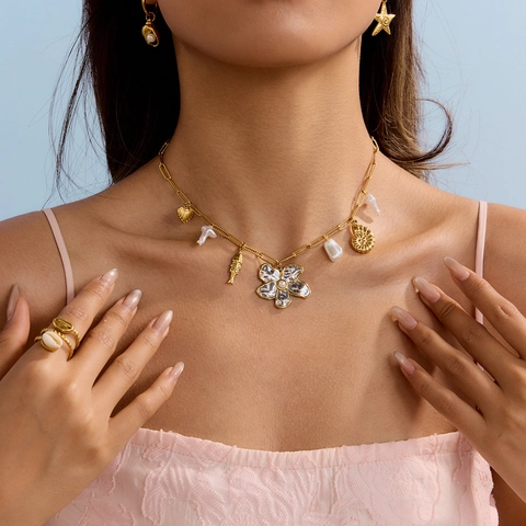 Collar Con Colgante De Acero Inoxidable Bañado En Oro De 18K Cadena De Clip Perla Artificial Flor Concha Pez Charms Joyería Verano