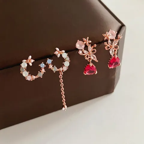 Asymmetrische Bloem Maan Oorbellen Met Zilveren Steker Zirkoon Roségoud Koper Waterdruppel Kwast Elegante Sieraden