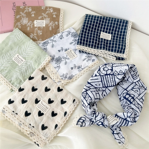 Pastoral Lace Trim Cotton Linen Square Scarf For Women Floral Plaid Heart Pattern Bandana Headwrap Decorative Neck Scarf