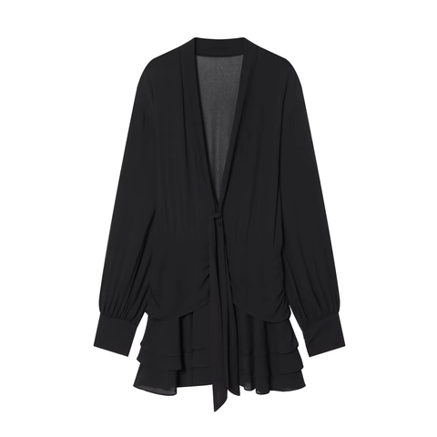 Zwarte Chiffon Mini Jurk Diepe V-Hals Lange Mouwen Met Ruches Gelaagd Gedrapeerd Taillekoord Modieus Voor Dames