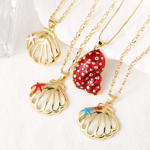 Marine Style Shell Conch Pendant Necklace For Women Copper Gold Plated Enamel Starfish Charm Chain Necklace Fashion Jewelry Gift