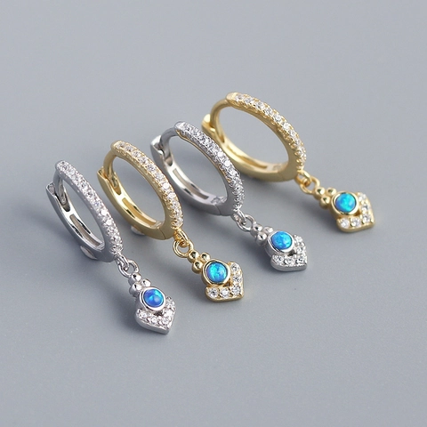 925 Sterling Silver Hoop Earrings With Round Blue Opal And Cubic Zirconia Bohemian Huggie Style For Women