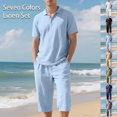 Tenue Homme Chemise Polo En Lin Et Pantalon Court Tenues Plage Été Décontracté Ample Respirant Vacances