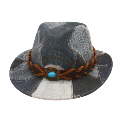Kids Fedora Hat Patchwork Denim Texture Braided Faux Leather Strap Turquoise Ornament Retro Western Cowboy Style Boys Girls
