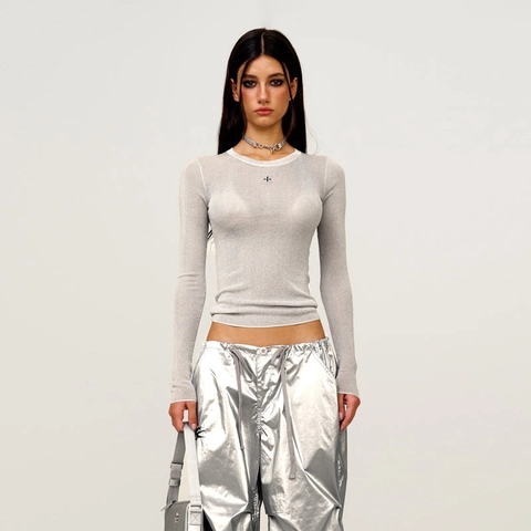 Kurzes Strickoberteil Damen Langarm Slim Fit Rundhals Sternenglitzer Metallische Textur Y2K Streetwear Dünner Pullover