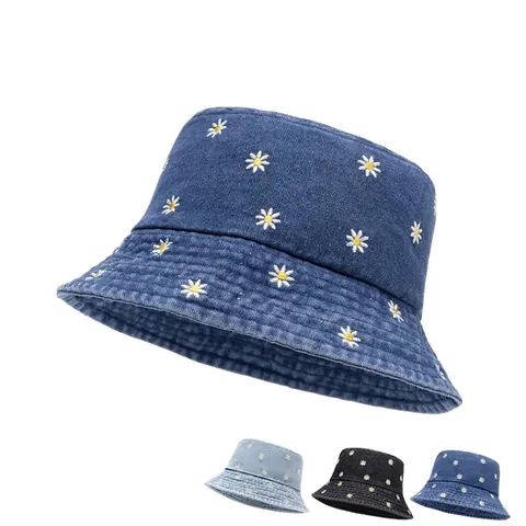 Cappello Da Pescatore In Denim Ricamato Margherita Cotone Protezione Solare Pieghevole Estate Donne
