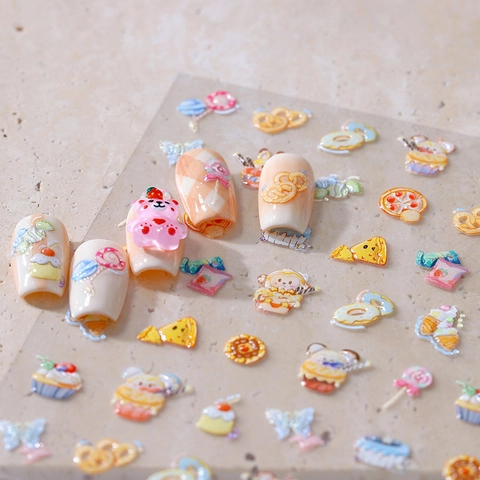 Adesivi Unghie Rilievo 3D Dessert Cartone Animato Cupcake Donut Animali Autoadesivo Kawaii Decorazione Manicure