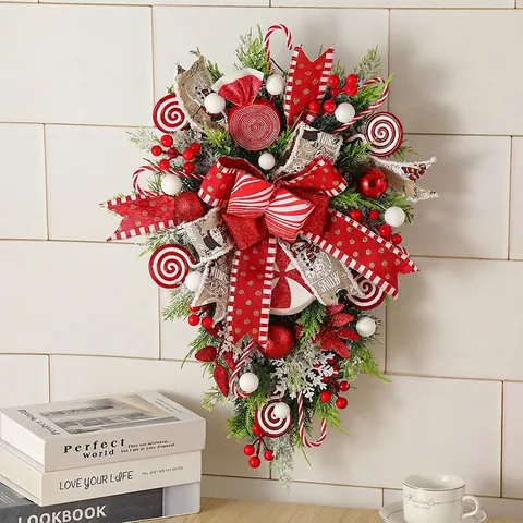Guirnalda Navideña De Lágrima Tema De Dulces Lazo Rojo Blanco Aguja De Pino Bayas Decoración De Puerta Pared Festiva