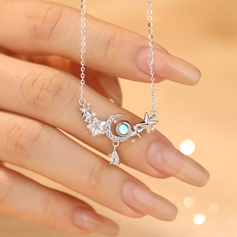 925 Sterlingsilber Stern Mond Anhänger Halskette Für Damen Mondstein Zirkonia Eingelegt Weißgold Plattiert Choker Schmuck