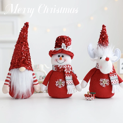 Ornamenti Natale Bambole Peluche Gnomo Pupazzo Neve Renna Cappello Paillettes Bottone Legno Decorazione Tavolo Casa