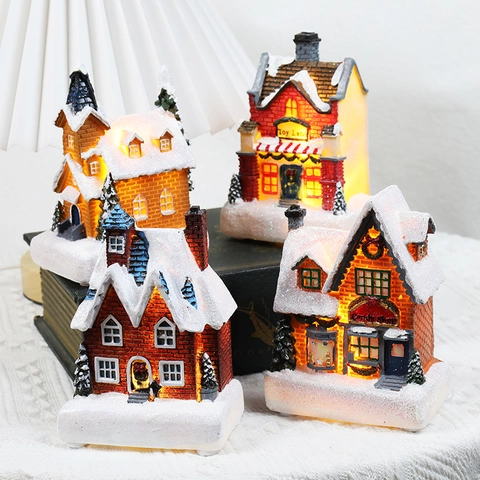 Miniature Christmas House LED Glowing Snow Village Ornament Resin Tabletop Holiday Home Decor Candy Shop Toy Land Gift