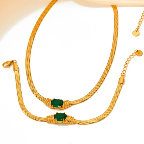 Conjunto De Collar Y Pulsera De Acero Inoxidable Vintage Piedra De Cristal Ovalada Cadena De Serpiente Joyería Para Mujer