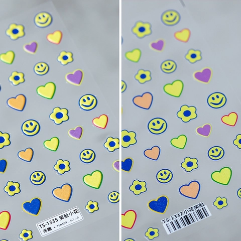 5D Embossed Nail Art Stickers Colorful Smile Face Heart Flower Self Adhesive Manicure Decals For Women Girls Diy Decor