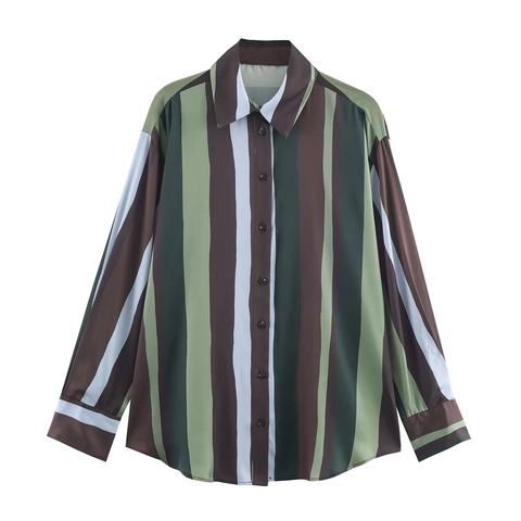 Dames Gestreepte Blouse Satijn Textuur Lange Mouwen Knoophemd Casual Mode Tops