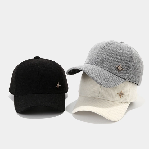 Knitted Baseball Cap Rhinestone Star Decor Autumn Winter Warm Windproof Solid Color Fashion Hat For Women