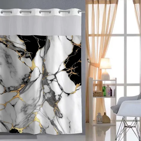 Rideau De Douche Imperméable Sans Crochets Avec Doublure Amovible Fenêtre En Filet Motif Marbre Ourlet Magnétique Lesté Et Tapis De Bain
