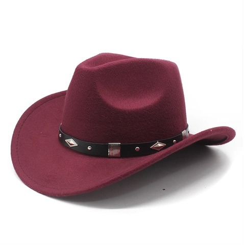 Western Cowboy Hat Wool Felt Wide Curved Brim Vintage Fedora With Studded Leather Belt For Men Women Outdoor Fashion