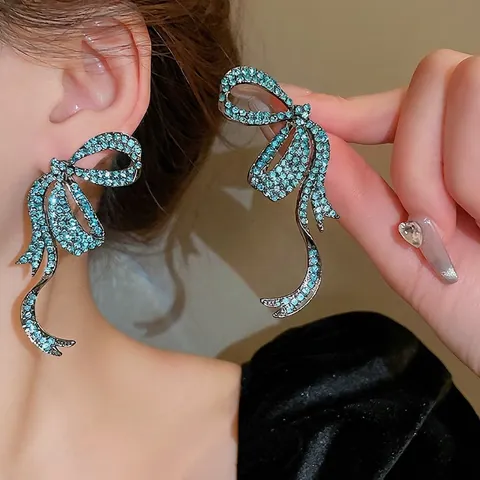 Bow Knot Drop Earrings Elegant Sparkling Rhinestone Alloy With 925 Sterling Silver Earring Post Vintage Style For Women
