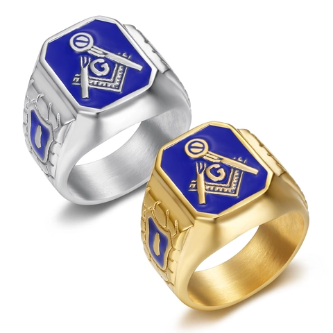 Anello Massonico da Uomo Vintage in Acciaio Inossidabile Smalto Blu Massoneria Hip Hop Squadra Compasso G Anello con Sigillo Gioielli