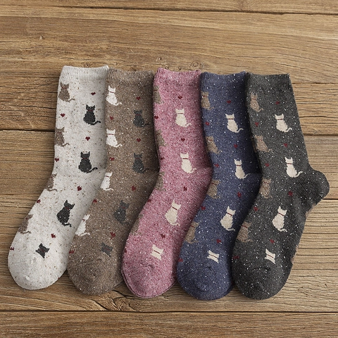 Women Winter Crew Socks Wool Blend Speckled Knit Vintage Japanese Style Cartoon Animal Pattern Warm Casual Slouchy
