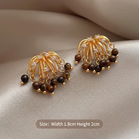 Boucles D'oreilles Puces À Franges En Forme D'éventail Vintage Avec Pierre Oeil De Tigre Zircon Et Tige En Argent Sterling 925 Pour Femmes