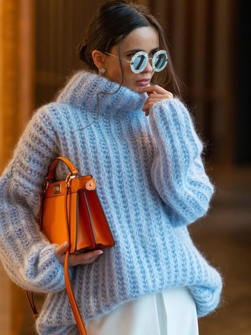 Women Oversized Turtleneck Sweater Chunky Knit Fluffy Mohair Style Loose Fit Solid Color Warm Casual Chic Streetwear Pullover