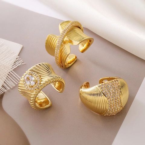 Bague Ouverte Géométrique Pour Femme En Cuivre Plaqué Or Avec Zircon Style Minimaliste Rétro Ajustable