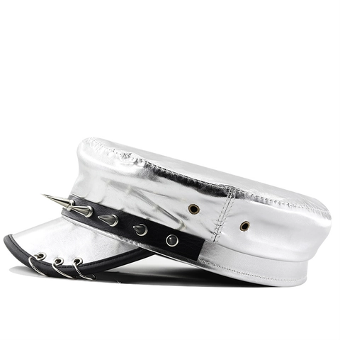 Punk Silver PU Leather Flat Top Hat Metallic Luster Military Cap With Metal Spikes Rings Gothic Performance For Women