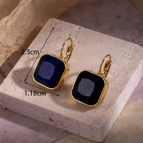 Geometric Square Deep Blue Gemstone Earrings Stainless Steel Gold Plated Retro Luxury Jewelry For Women