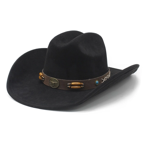 Western Cowboy Hoed Suede Polyester Stierenkop Embleem Leren Band Brede Rand Etnische Vintage Stijl