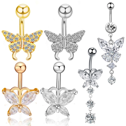 Piercing Ombelico Farfalla Acciaio Inossidabile Pendente Zircone Gioielli Corpo Elegante Moda Per Donna