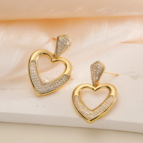 Orecchini Pendenti Cuore Cavo Rame Placcato Oro Micro Pavé Zircone Gioielli Di Moda Per Donne