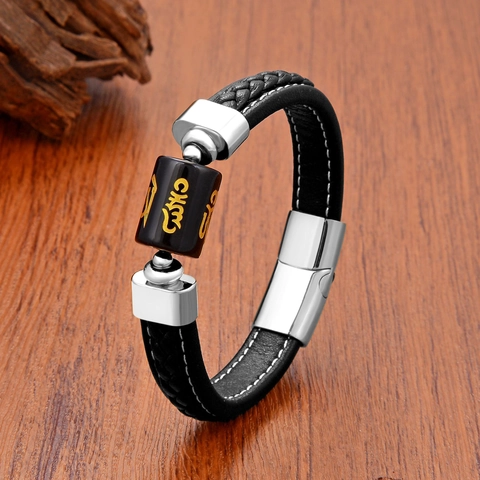 Men Braided Leather Bracelet With Stainless Steel Clasp And Mantra Stone Bead Vintage Religious Accessory