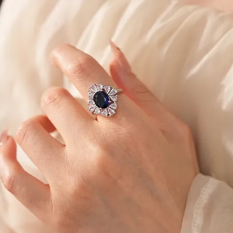 Ovaler Blauer Zirkon Offener Ring Vintage Kupfer Luxus Halo Sonnenblume Verstellbarer Modeschmuck Für Damen