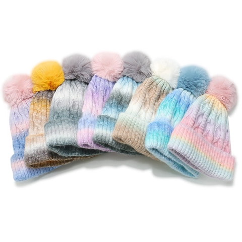 Women Winter Knitted Beanie Hat With Faux Fur Pom-pom Acrylic Tie-dye Gradient Cable Knit Fleece Lined Warm