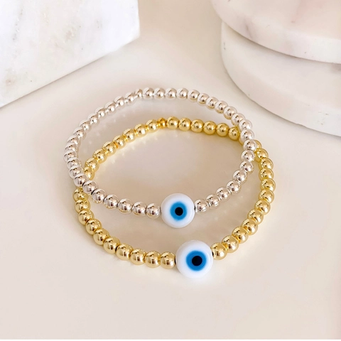 Evil Eye Perlenarmband Kupfer Vergoldet Mit Lampwork Glasperle Türkischer Glücksbringer Elastischer Minimalistischer Bohemia