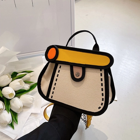 2D Cartoon Manga Stijl Crossbody Tas Canvas Handtas Met Metalen Kettingriem Color Block Modeontwerp Voor Dames