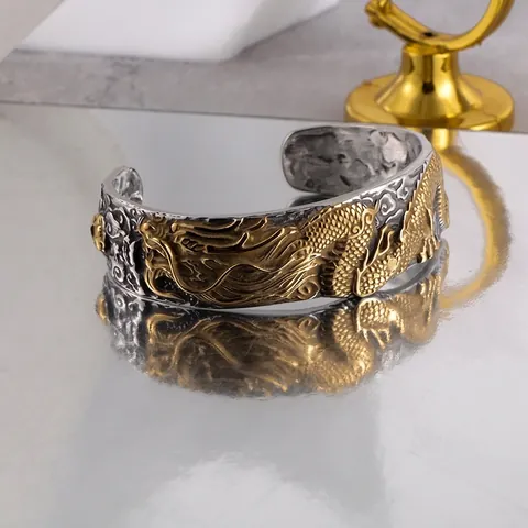 Retro Dragon Relief Open Cuff Bracelet Stainless Steel Vintage Chinese Style Men Bangle Jewelry