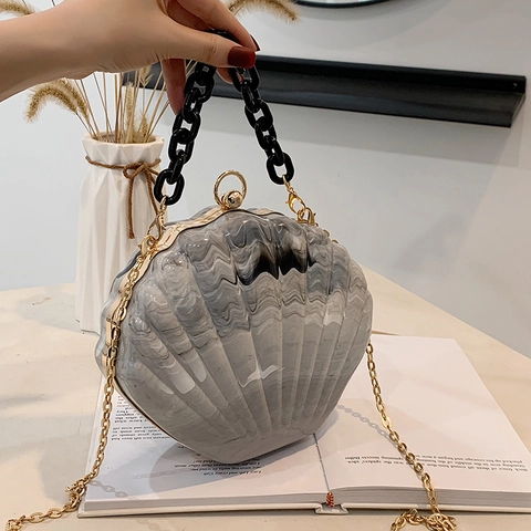 Sac À Bandoulière En Acrylique En Forme De Coquille Motif Marbre Double Chaîne Sac À Main De Soirée Pour Femmes
