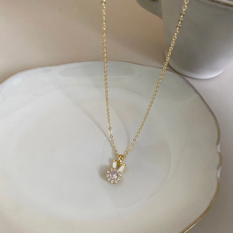 Collana Con Ciondolo In Rame Placcato Oro 14K Zirconia Perla Artificial Fiocco Coniglio Gioielli Da Donna Stile Coreano