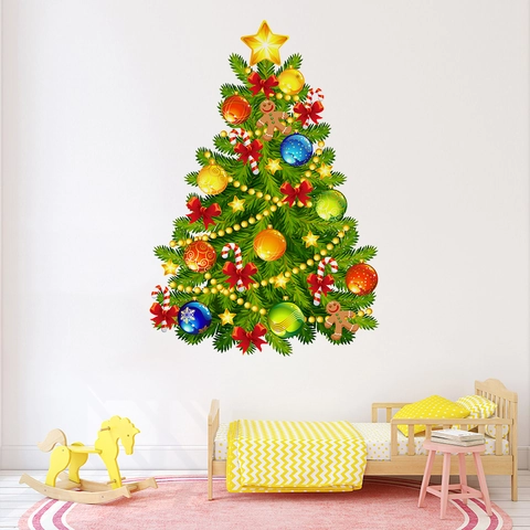 Christmas Tree Wall Stickers Waterproof PVC Window Decals For Living Room Bedroom Glass Decor Colorful Ornament Patterns