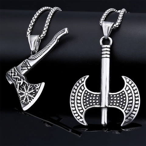 Collier Pendentif Hache Viking Acier Inoxydable Hache De Bataille Double Rune Valknut Punk Gothique Homme Argent Vintage