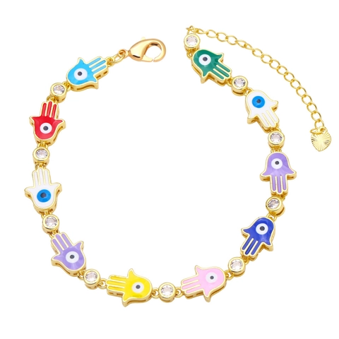 Hamsa Hand Evil Eye Bracelet Gold Plated Copper Colorful Enamel Zircon Bohemian Adjustable Link Chain For Women