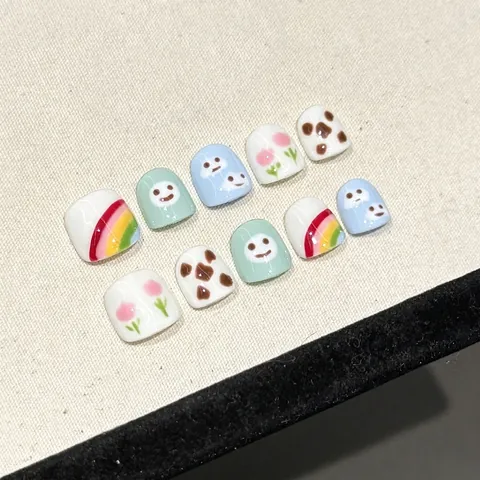 Unghie Finte Fatte A Mano Per Bambini Simpatico Cartone Animato Arcobaleno Sorriso Stampa Mucca Per Ragazze