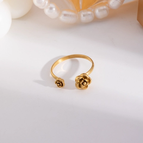 Rose Flower Open Ring 304 Stainless Steel Gold Plated Adjustable Fashion Jewelry For Women Waterproof Minimalist