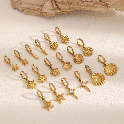 Orecchini A Cerchio In Acciaio Inossidabile Con Ciondolo In Zirconia Strass Stella Fiore Conchiglia Croce Gioielli Per Donne