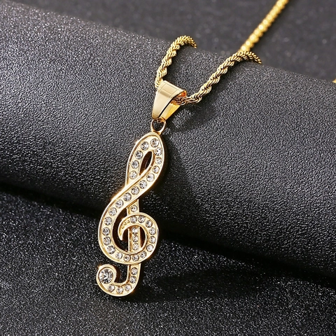 Ciondolo Nota Musicale Chiave Di Violino Simbolo Euro Collana Iced Out Placcato Oro Acciaio Inossidabile Gioielli Hip Hop Uomo