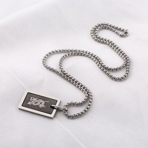 Men Stainless Steel Dragon Pattern Square Pendant Necklace Black Inlay Hip Hop Punk Vintage Streetwear Jewelry