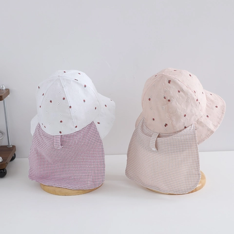 Cappello Sole Neonata Protezione Collo Cotone Ricamo Fragola Outdoor Bambini Estate Cappello Pescatore